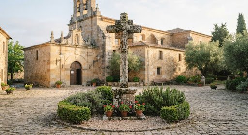 Cruz de piedra histórica en el atrio de la iglesia con luz de la mañana.