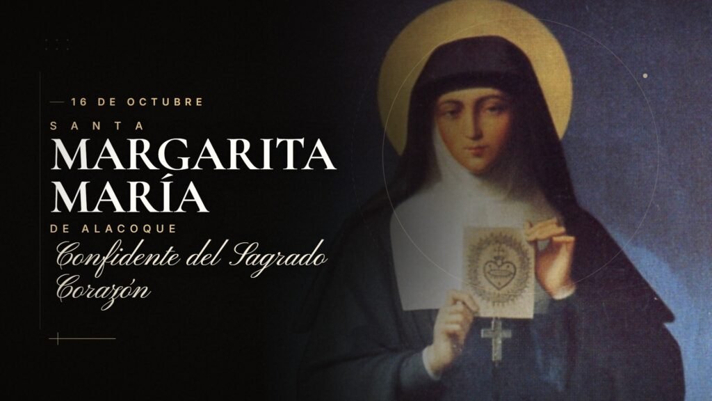 Santa Margarita María de Alacoque con la imagen del Sagrado Corazón de Jesús en composición editorial sacra